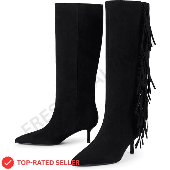 Brand New Modatope Knee High 6 Black Fringe Boots - Picture 3 of 4